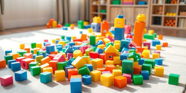 Bunte weiche Bausteine auf einem Spielteppich.