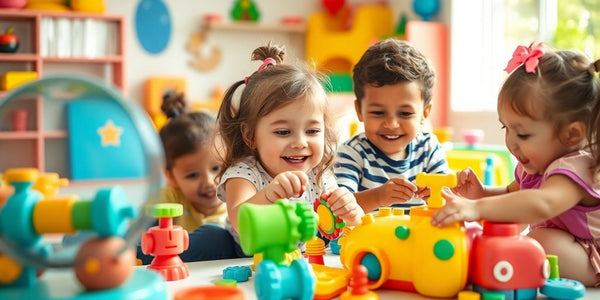 Fröhliche Kinder spielen mit buntem Spielzeug in lebendigem Raum heute.