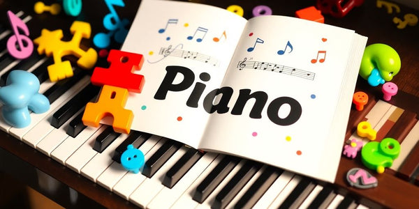 Buntes Kinderklavierbuch auf einem Klavier.