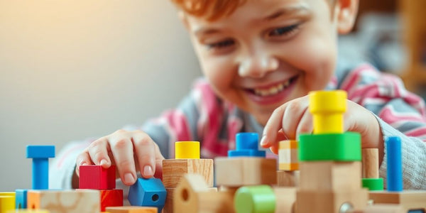 Kleinkind spielt mit Holzspielzeug