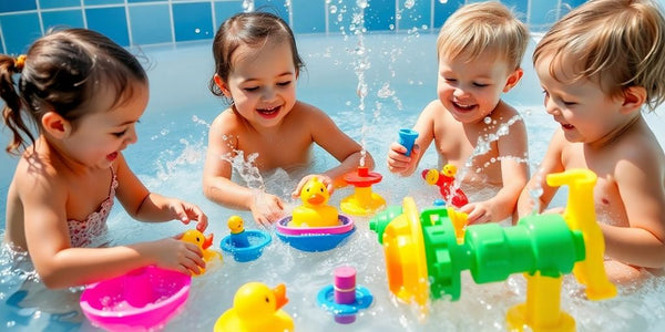 Kinder spielen mit bunten Badespielzeugen im Wasser.