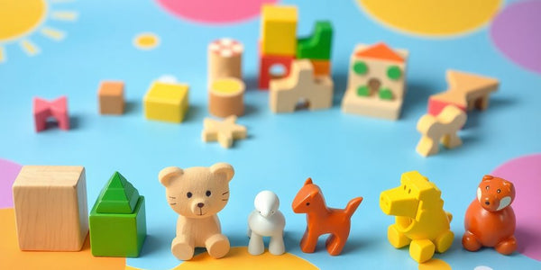 Bunte Holzspielzeuge zur Förderung von Problemlösungsfähigkeiten.