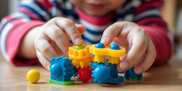 Kind spielt mit Geschicklichkeitsspielzeug, fördert Koordination.