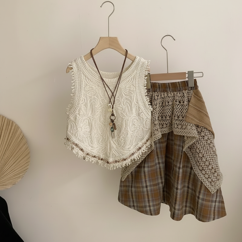 TinyTrends – Boho-Chic & Niedlich – Gehäkeltes Oberteil mit kariertem Rock