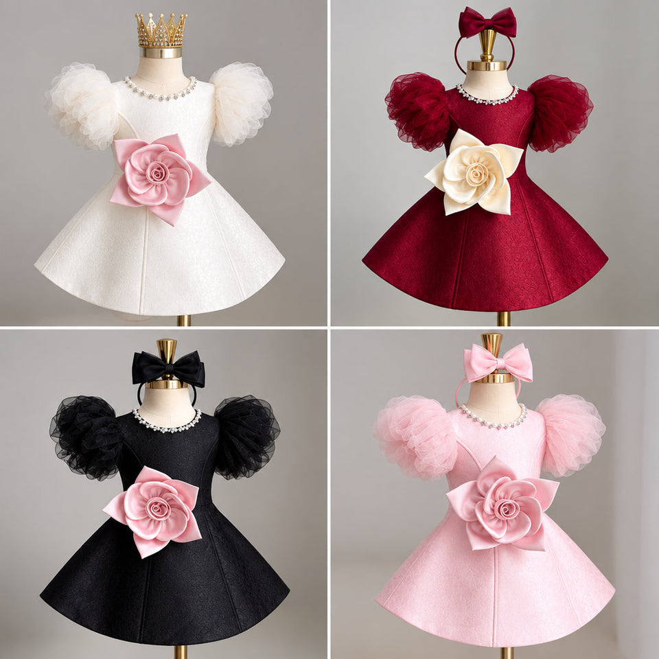 LittleRose – Elegant & festlich – Mädchenkleid mit 3D-Blume und Puffärmeln