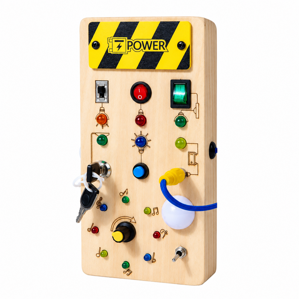 TinyTech – Busy Board aus Holz mit Lichtern und Schaltern – Lernspielzeug