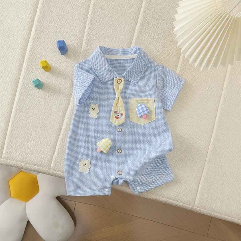 KiddoStyle – Niedlich & weich – Kinder-Jumpsuit mit Krawatte und Aufnäher