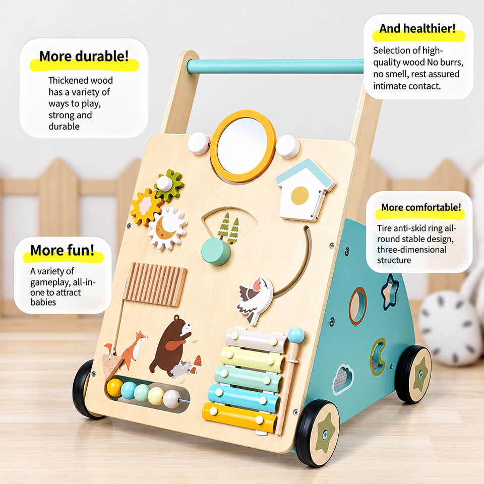 WoodenSteps – Natürlich & Lernfördernd – Baby-Lauflernwagen aus Holz mit Spieltafeln