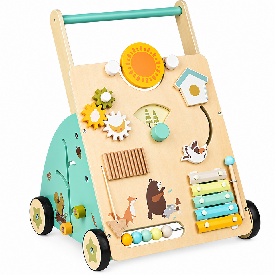 WoodenSteps – Natürlich & Lernfördernd – Baby-Lauflernwagen aus Holz mit Spieltafeln