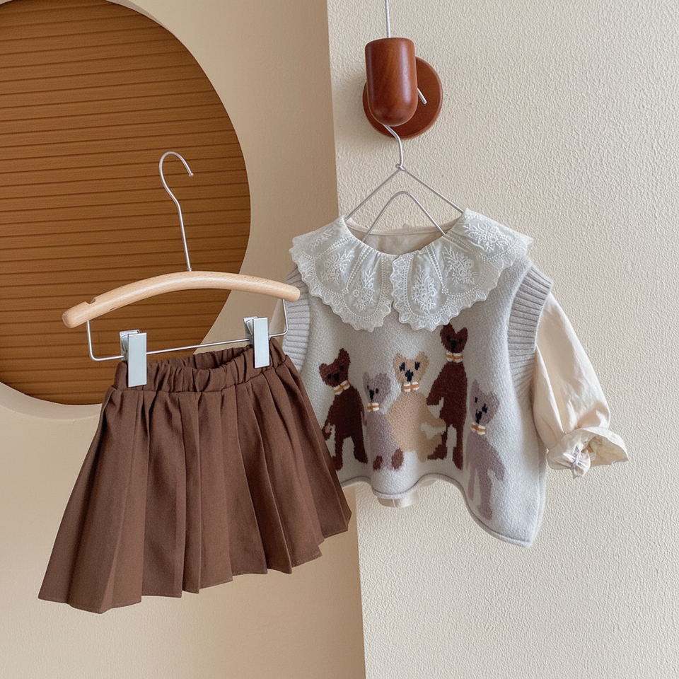 PrettyLayers – Süß & stilvoll – 3-teiliges Set für Mädchen mit Rock, Bluse und Strickjacke