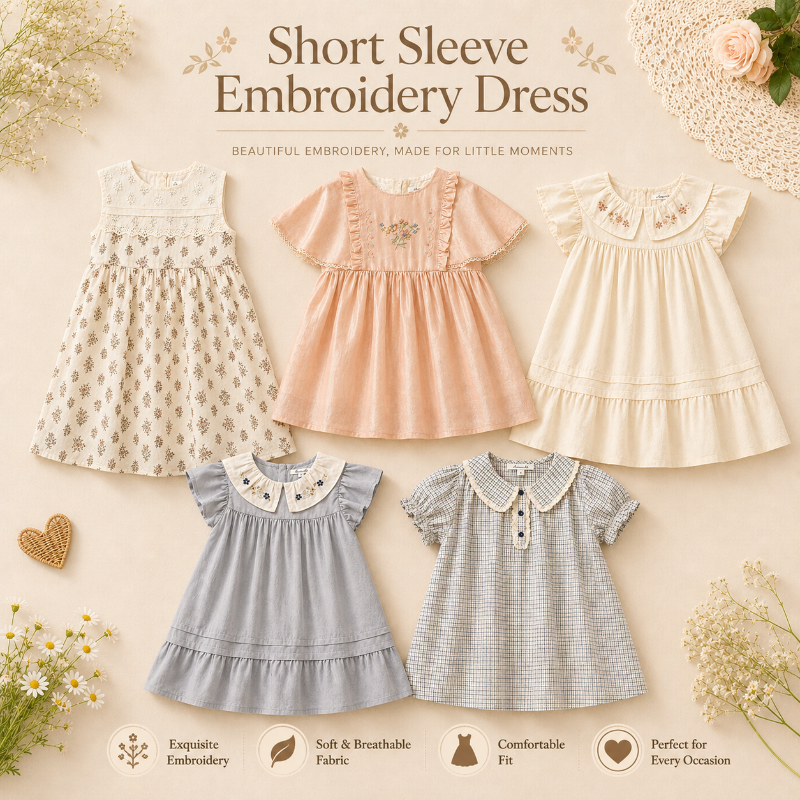Short Sleeve Embroidery Dress – Elegant & Komfort – Boutique-Mädchenkleid