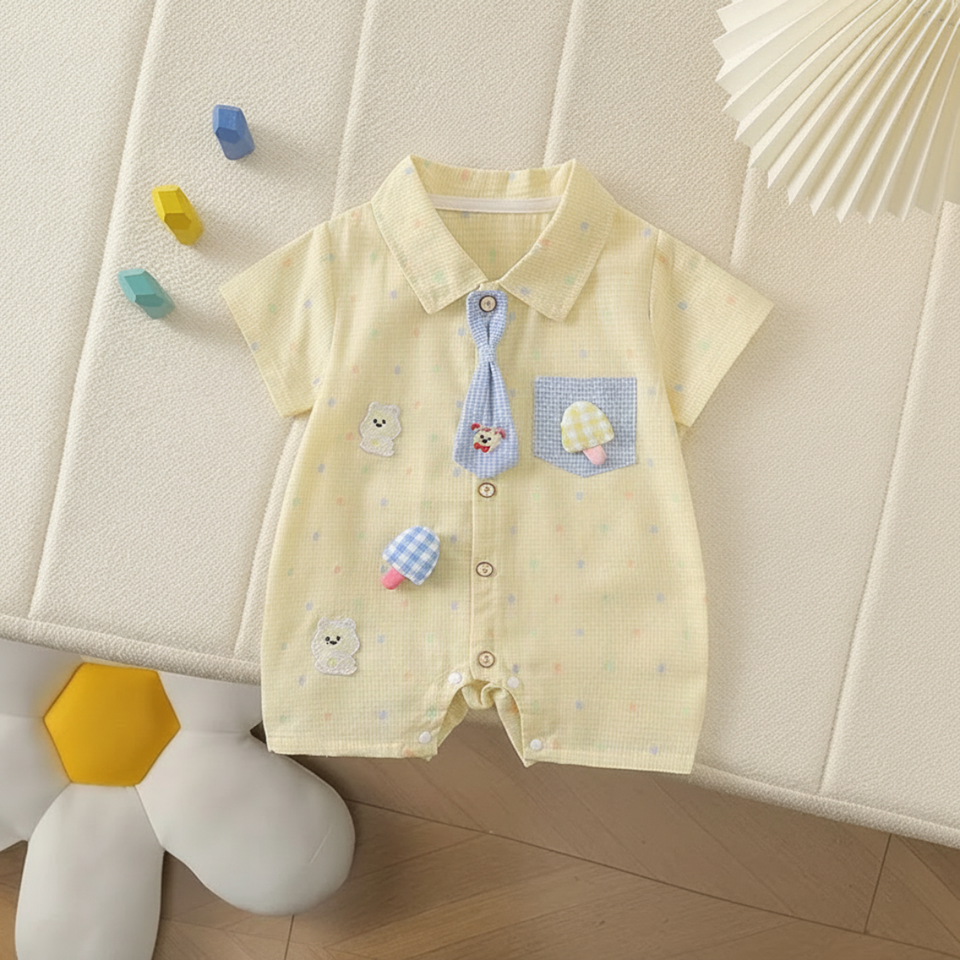 KiddoStyle – Niedlich & weich – Kinder-Jumpsuit mit Krawatte und Aufnäher
