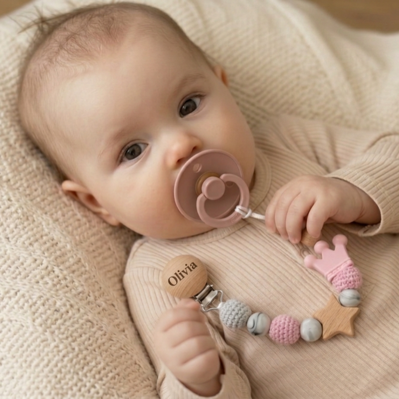 Baby Pacifier Holder –  Mit Namen – Personalisierte Holz- und Silikonperlen