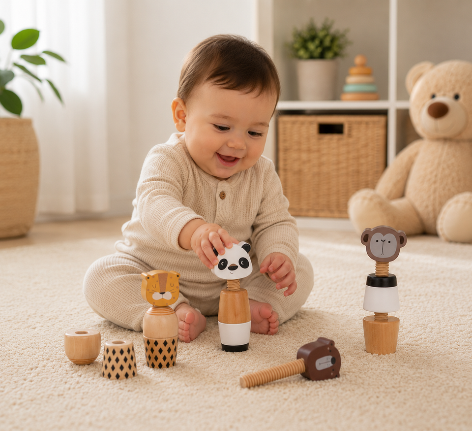 WoodyFriends – Motorik & Spaß – Stapelspielzeug aus Holz in Tierform
