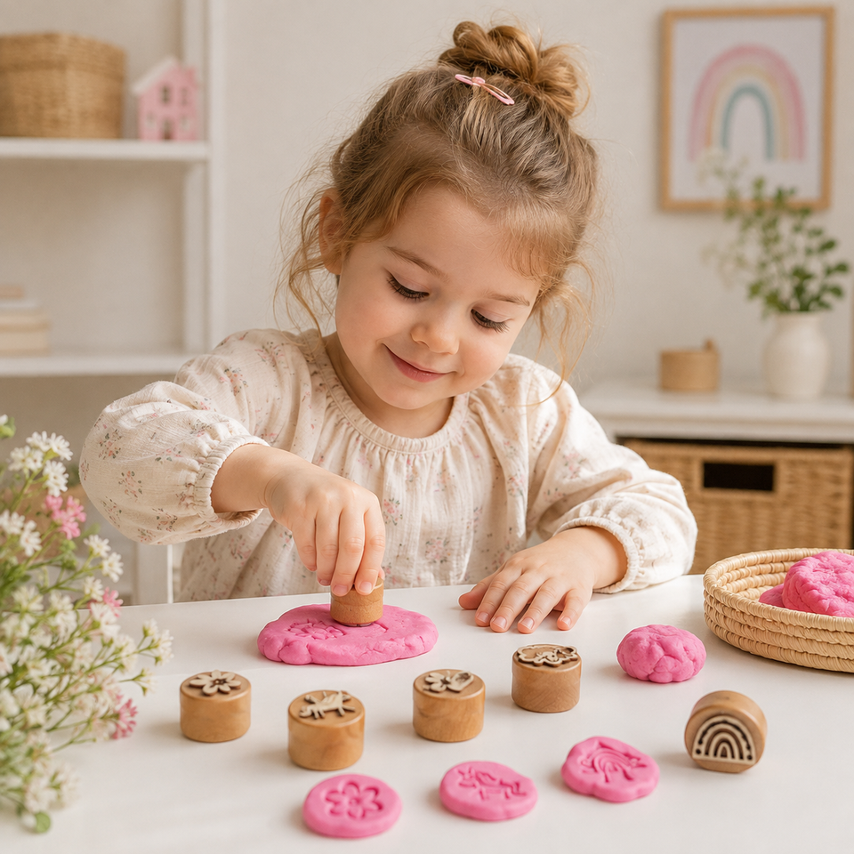 WoodStamp – Montessori & Kreativ – 6 Stück Holz-Knetstempel