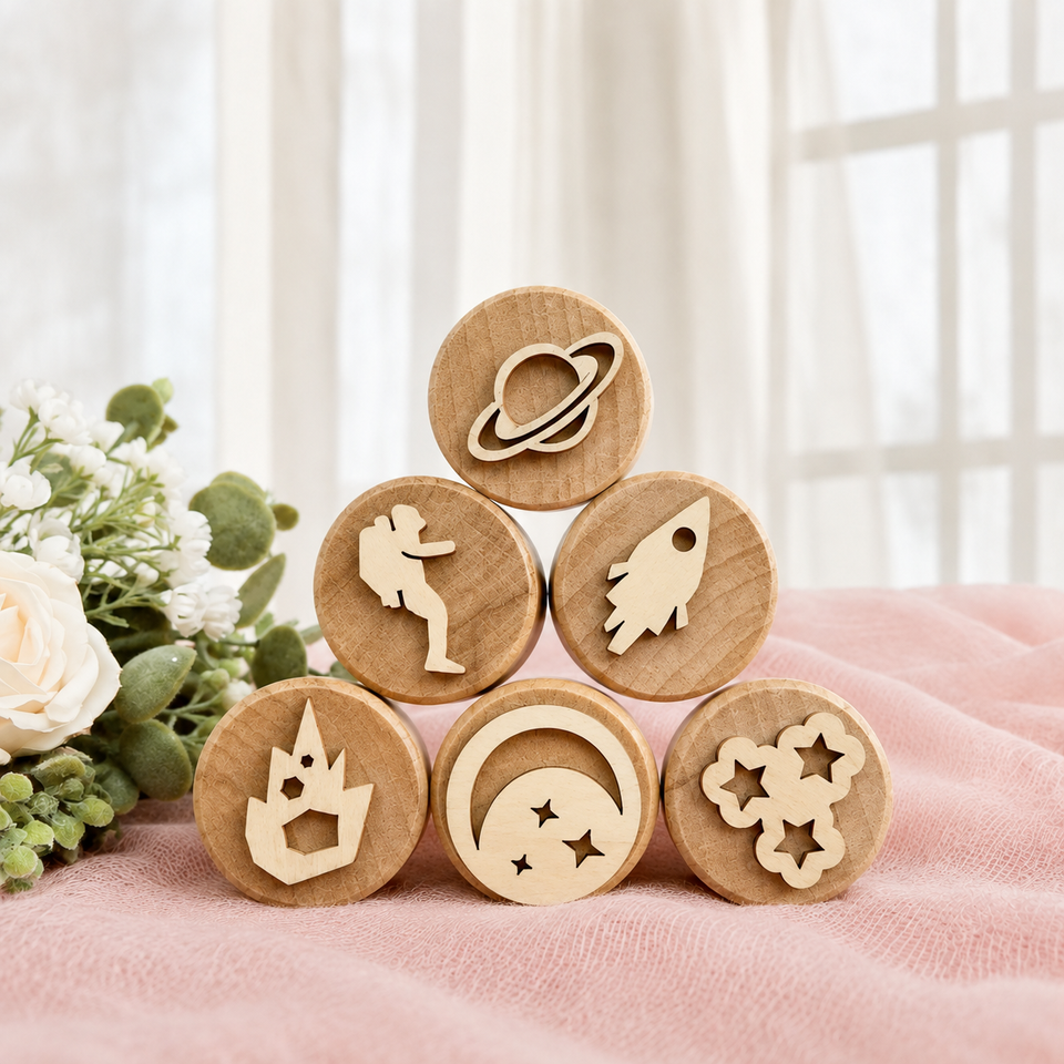 WoodStamp – Montessori & Kreativ – 6 Stück Holz-Knetstempel