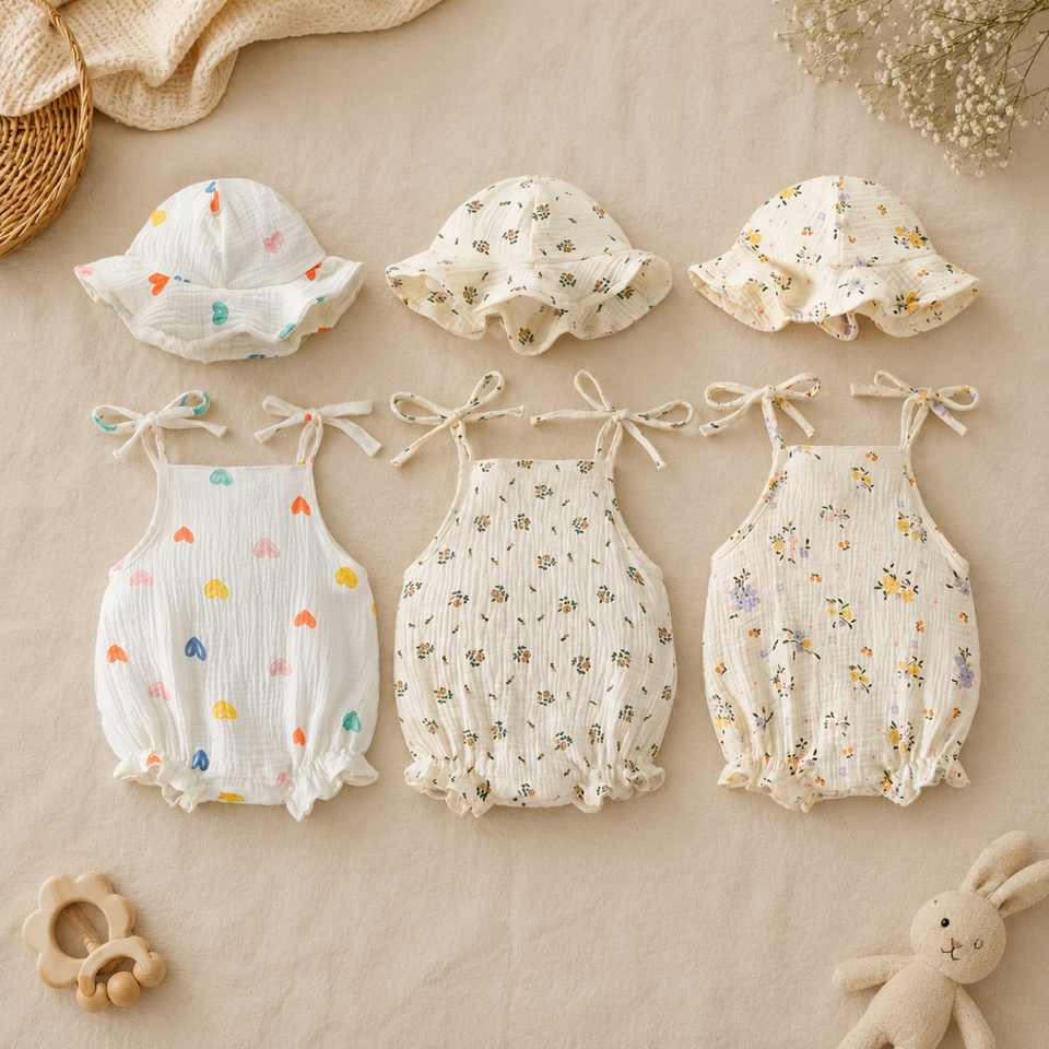LittleBlossom – Sommerlich, bequem und stilvoll – Baby-Sling-Body mit Hut