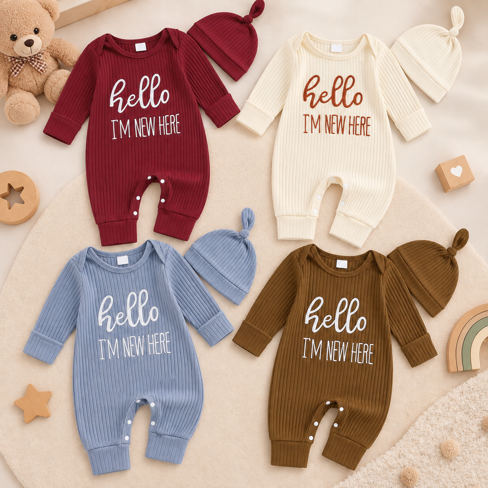CuddleBaby – Hallo, ich bin neu hier – Set aus Baby-Strampler und Mütze