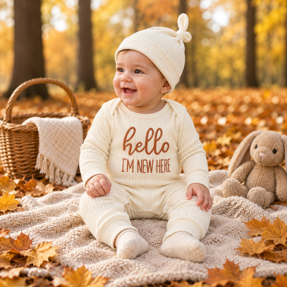 CuddleBaby – Hallo, ich bin neu hier – Set aus Baby-Strampler und Mütze
