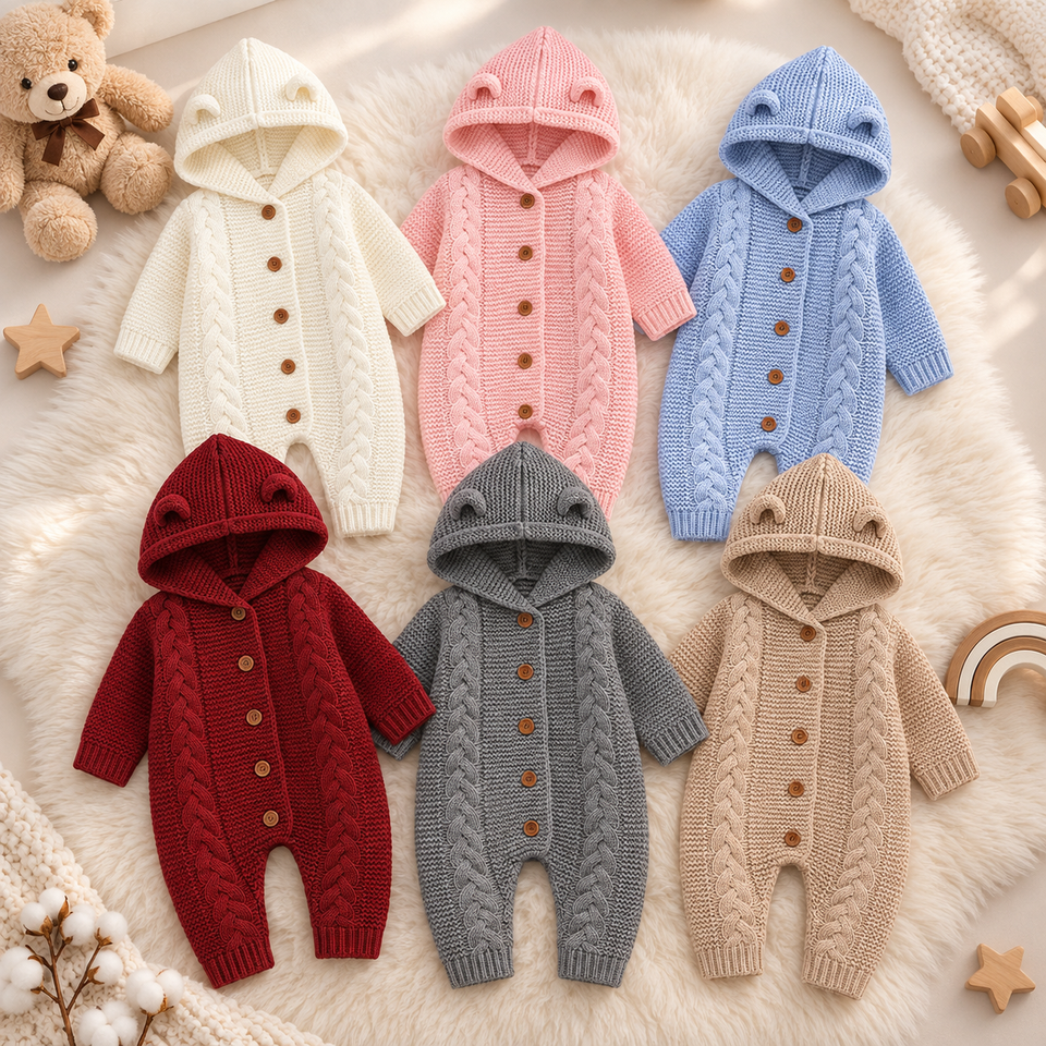 SoftKnit – Warm & niedlich – Gestrickter Baby-Strampler mit Kapuze