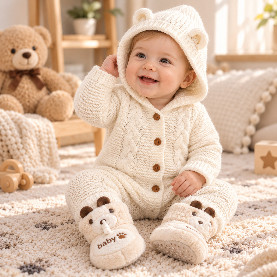 SoftKnit – Warm & niedlich – Gestrickter Baby-Strampler mit Kapuze