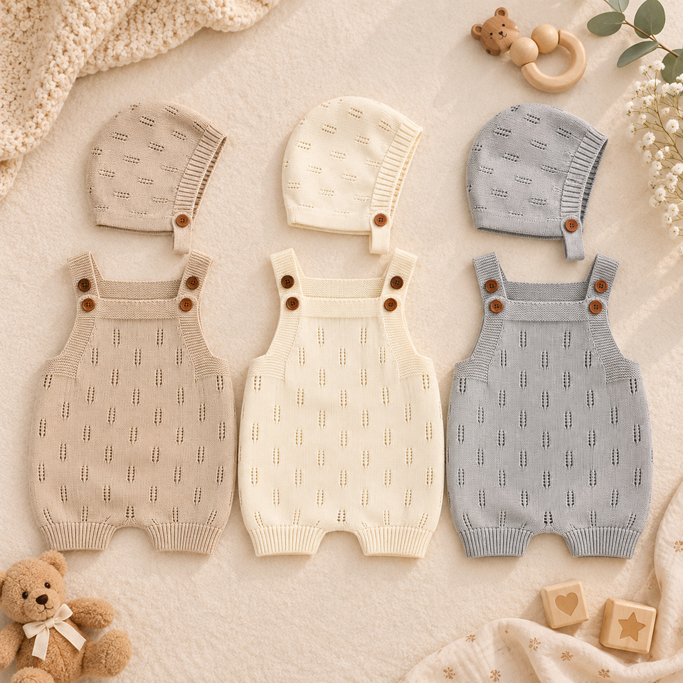 MiniCozy – Weich & bequem – Gestrickte Baby-Latzhose mit Mütze