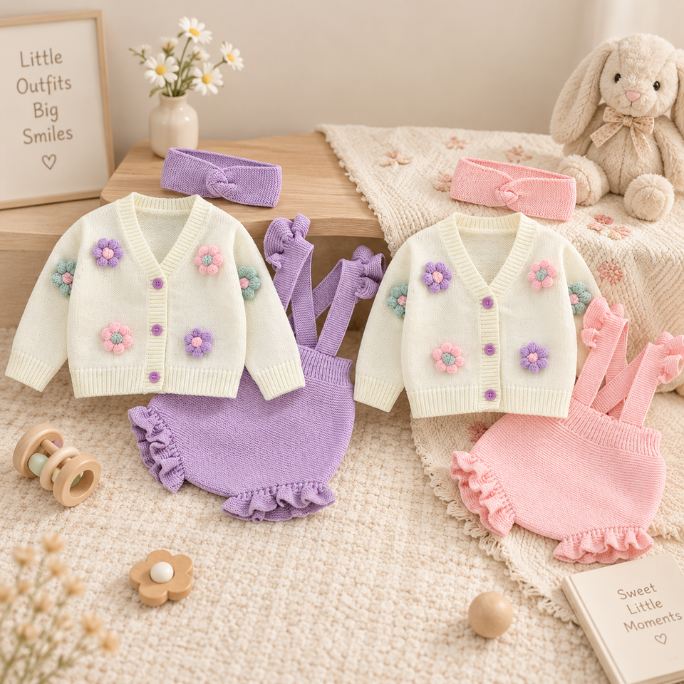 FloraKnit – Weich & niedlich – Baby-Outfit mit Strickjacke, Latzhose und Haarband