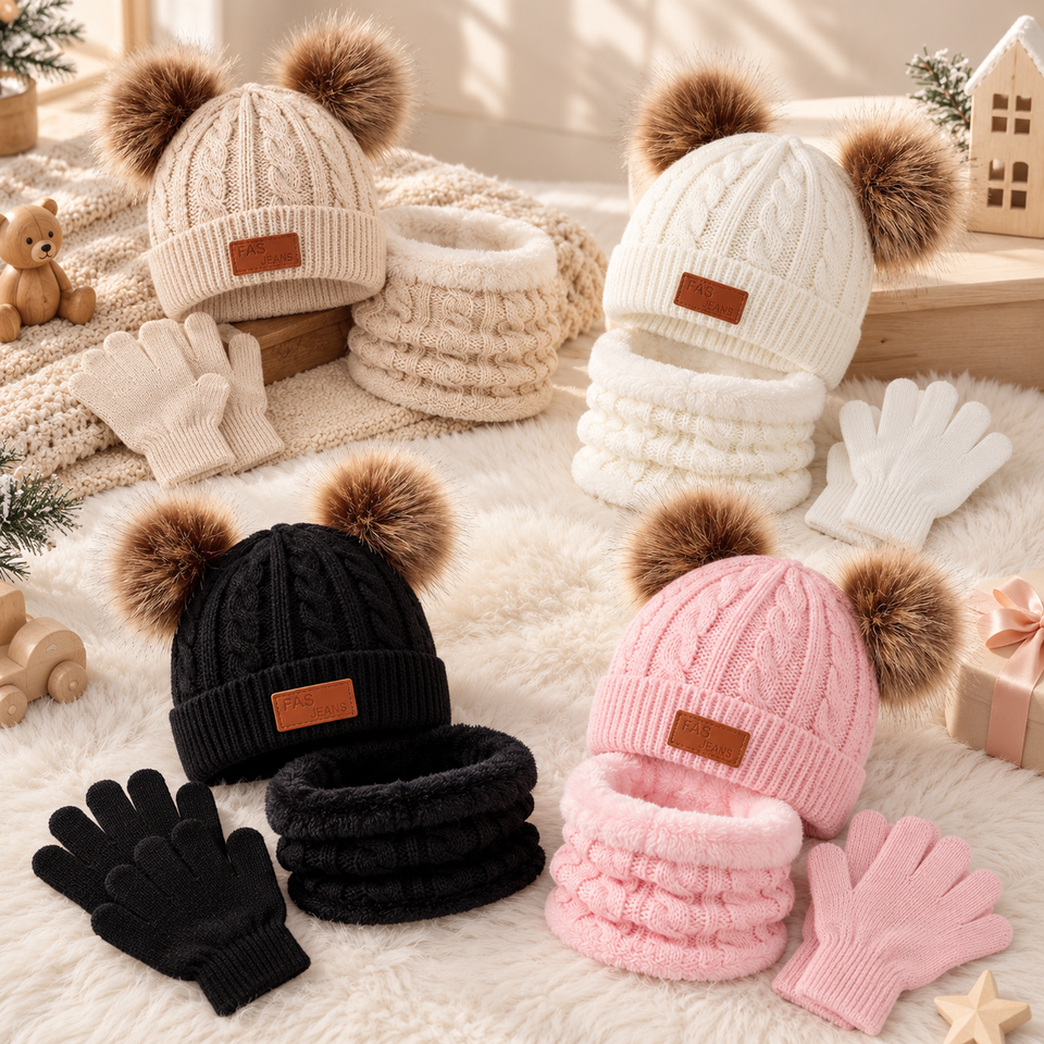 CozyPom – Warm & Weich - Winterset mit Mütze, Schal und Handschuhen