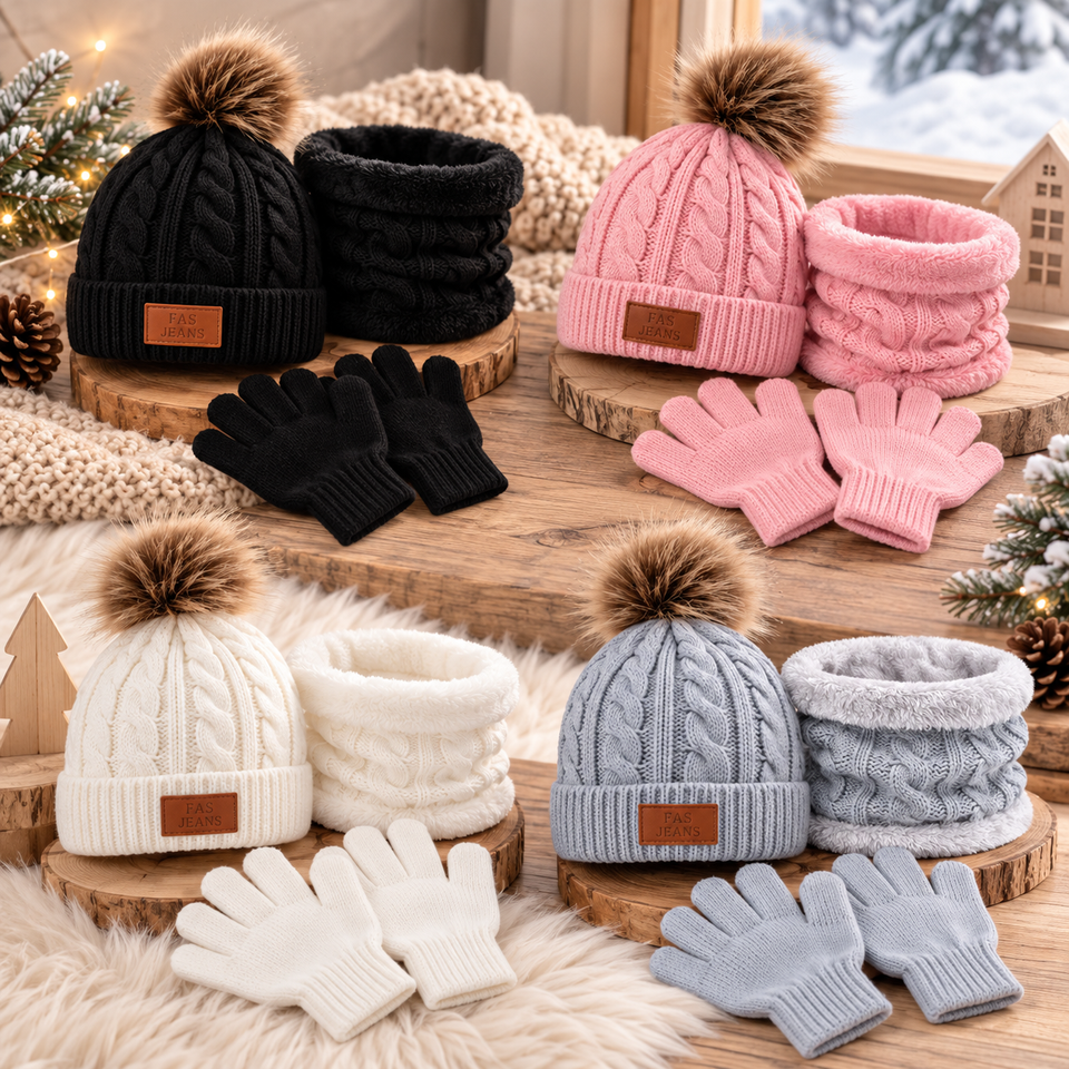 CozyPom – Warm & Weich - Winterset mit Mütze, Schal und Handschuhen