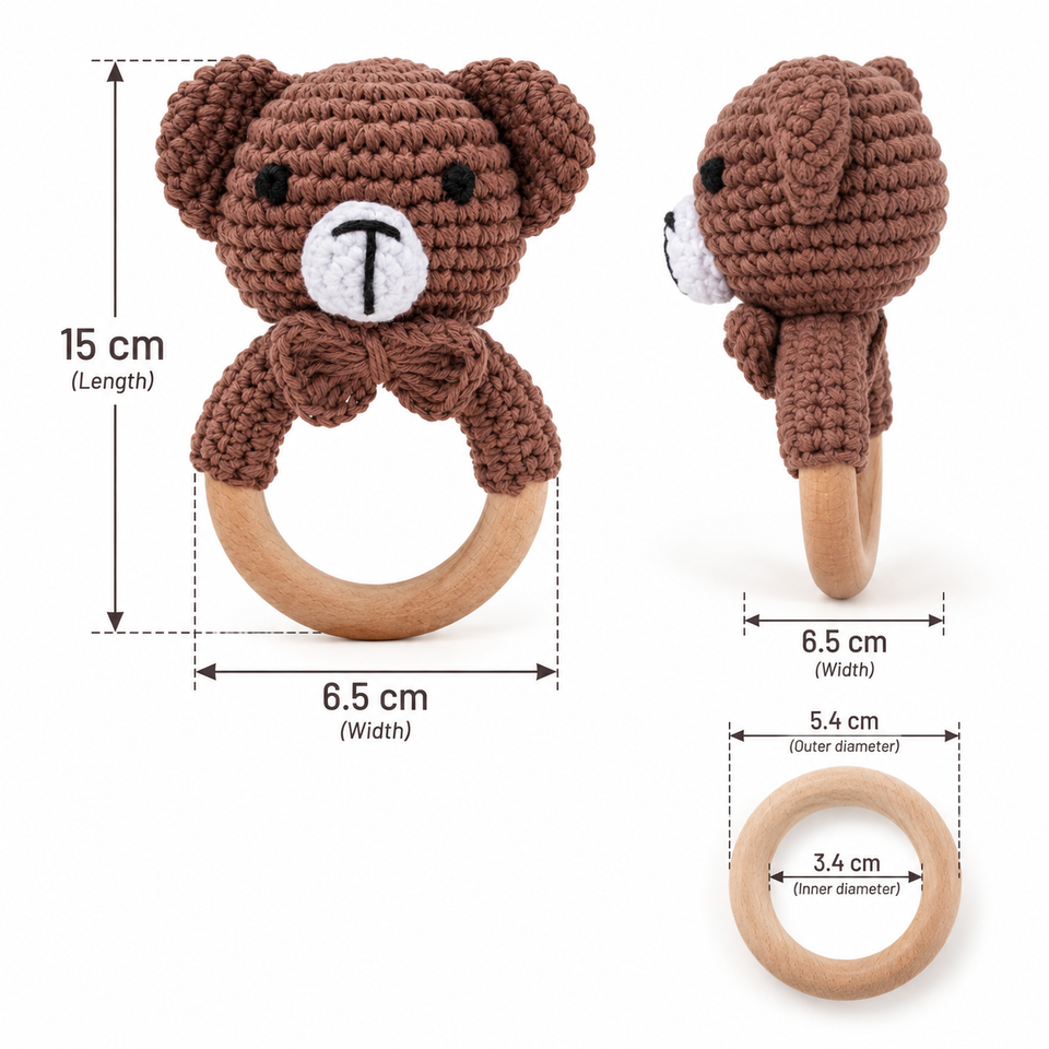 CuddleRattle – Weich & Verspielt – Gehäkelte Baby-Rassel mit Holzring