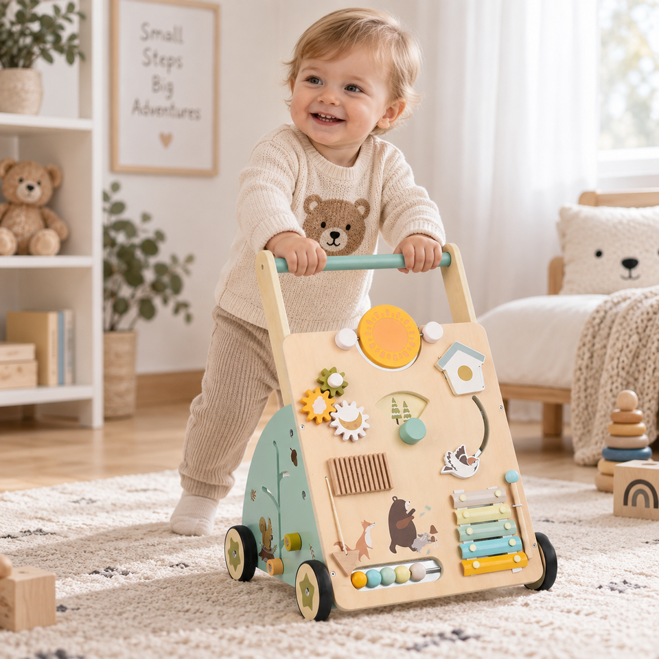 WoodenSteps – Natürlich & Lernfördernd – Baby-Lauflernwagen aus Holz mit Spieltafeln