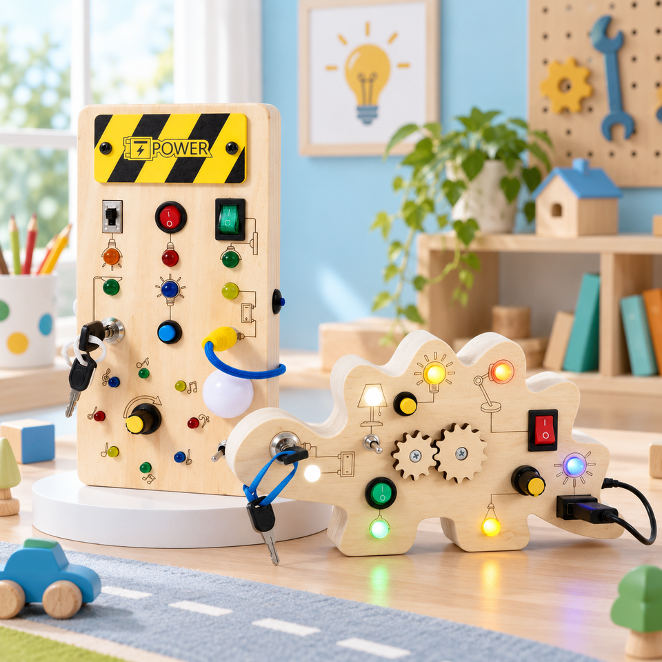 TinyTech – Busy Board aus Holz mit Lichtern und Schaltern – Lernspielzeug