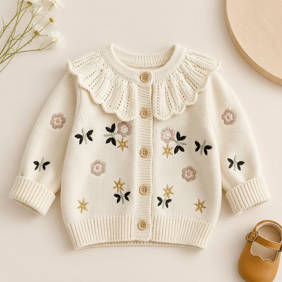 FloraKnit – Warm & modisch – Gestrickte Strickjacke mit Blumenmotiven