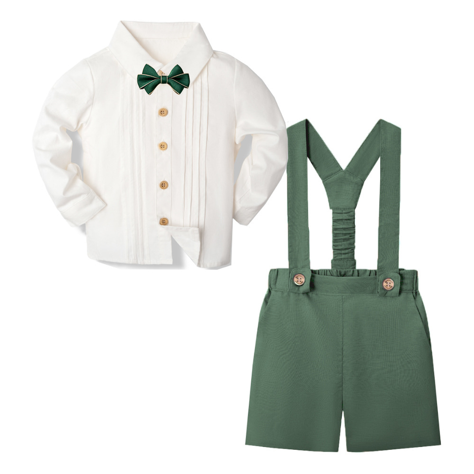 LittleDandy – Klassisk og elegant – Bomuldsshorts med seler, sløjfe & skjorte