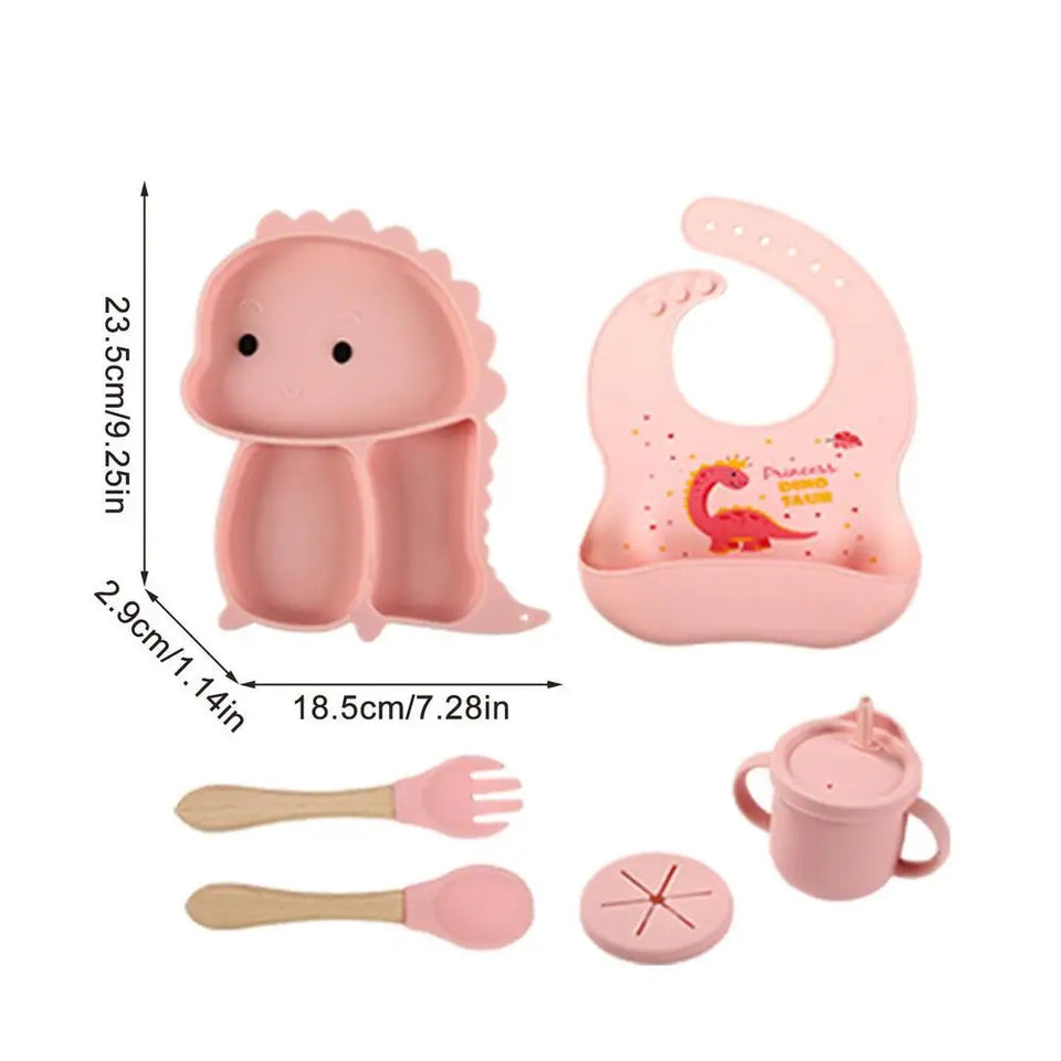 Dino Tablewear Set™ - Sæt med 7 dele - Spisesæt til børn i silikone