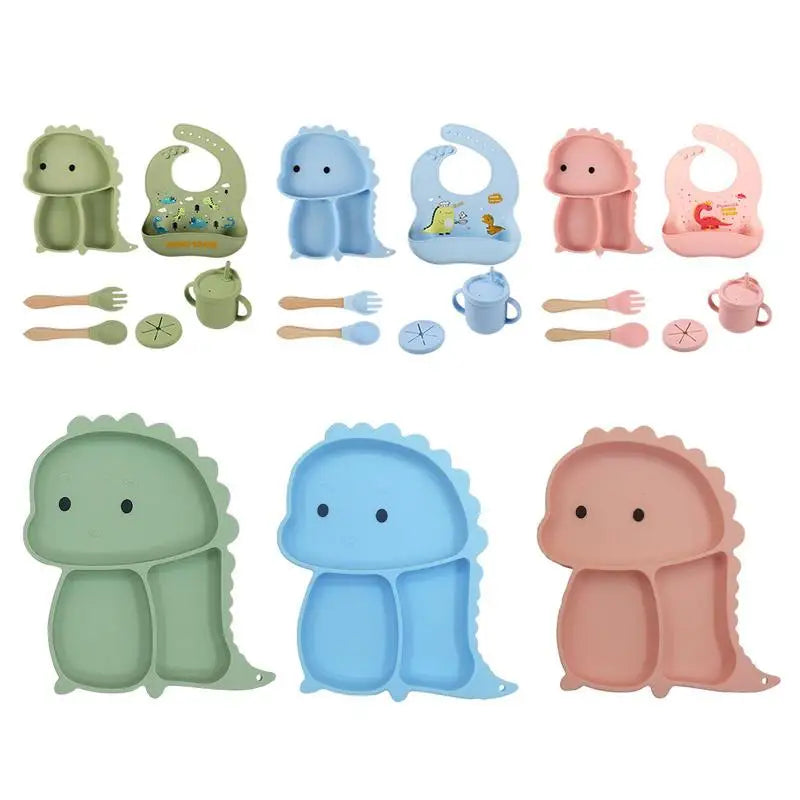 Dino Tablewear Set™ - Sæt med 7 dele - Spisesæt til børn i silikone