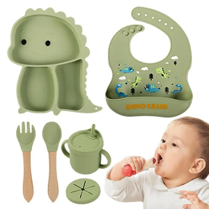Dino Tablewear Set™ - Sæt med 7 dele - Spisesæt til børn i silikone