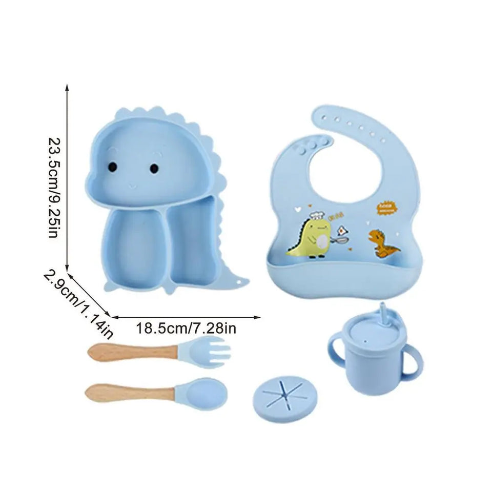 Dino Tablewear Set™ - Sæt med 7 dele - Spisesæt til børn i silikone